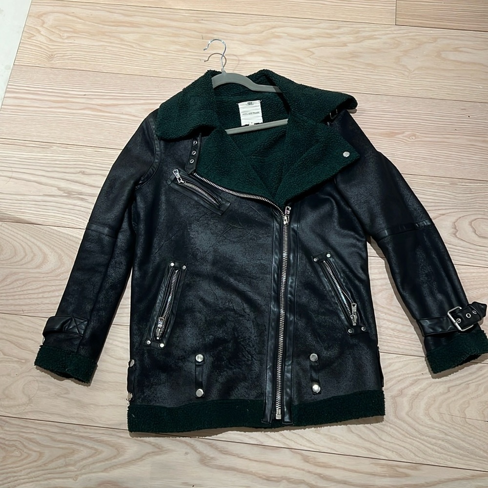 Avec Les Filles black with Green Faux Sherpa lining Moto Jacket